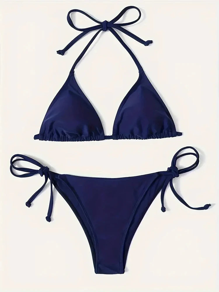 2 Piece Swimwear Thong Bikini Set Navy Blue Swimsuits Womens Bathing Suits Bikinis Triangle Bandage Female Beachwear - The Clothing Company Sydney