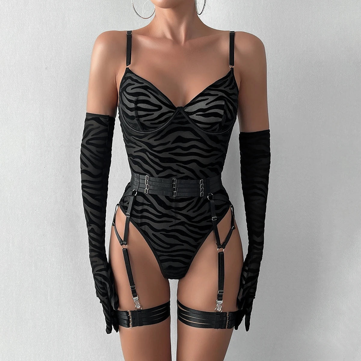 Tight Fitting Lace Bodysuit With Gloves Garter Night Club Outfit Mesh Top Lingerie Set - The Clothing Company Sydney
