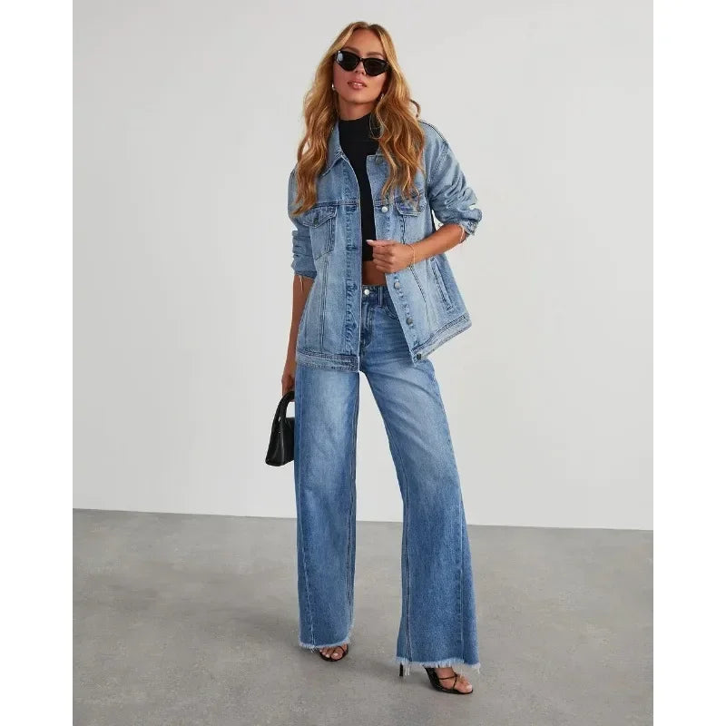 Spring Summer Women's Clothing Solid Color Loose Wide Leg Side Seam Stitching Frayed Hem Jeans The Clothing Company Sydney