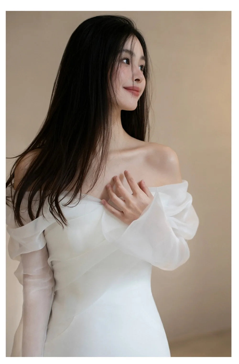 One Shoulder Satin Light Wedding Dress with Simple and Slim Fit Sweet Long Sleeved Bride Evening Gown - The Clothing Company Sydney