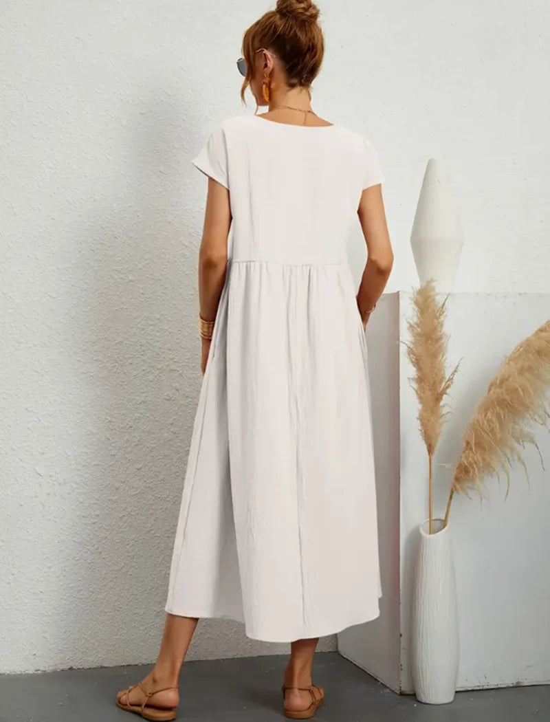 Women's Elegant Dress Summer Short Sleeve O-Neck Vintage Cotton Linen Comfortable Loose Pocket Long Dress - The Clothing Company Sydney
