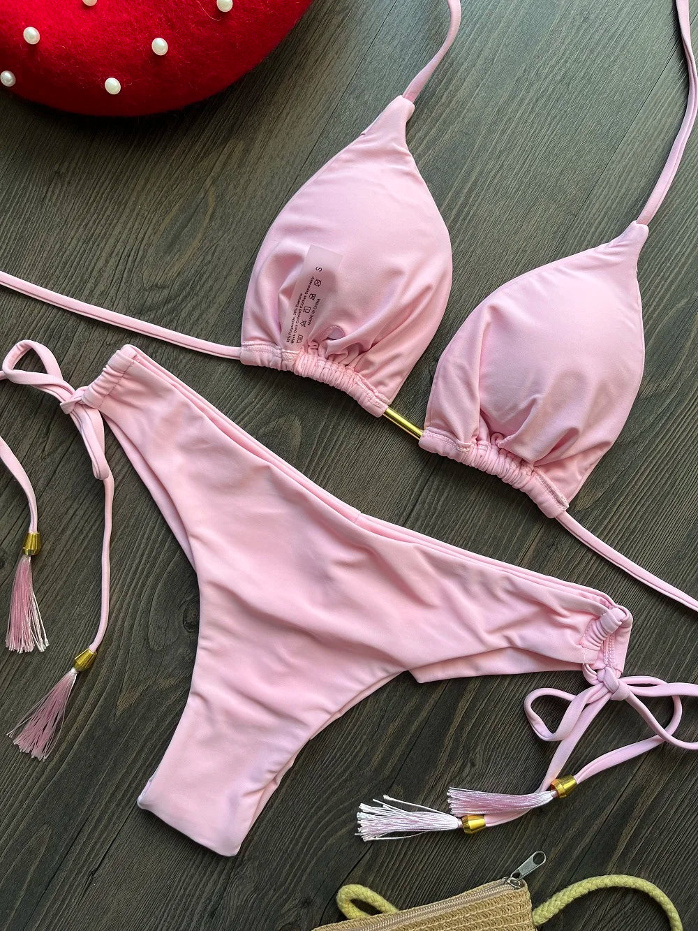 2 Piece Triangle Bathing Suit for Women Brazilian Bikinis Halter Swimwear Push Up Swimsuit Metal Chain Beach Bikini Set The Clothing Company Sydney