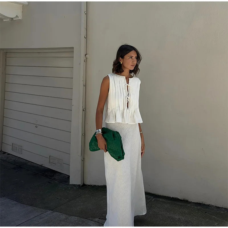 Elegant White Set 2 Piece Woman Chic Lace Up O Neck Ruffled Edge Short Matching Set Summer Street Outfit - The Clothing Company Sydney