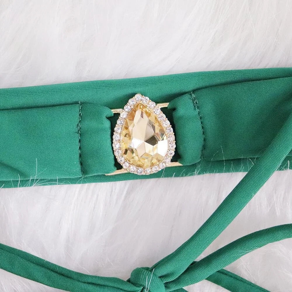 2 Piece Rhinestone Swimsuit Crystal Thong String Bikini Set Swimwear Beach Wear Bathing Suit - The Clothing Company Sydney