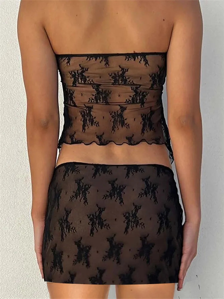 2 Piece Set Women Lace Bustiers Strapless Off Shoulder Tube Tops Party Club Mesh See Through Tank Low Waist Long Skirts The Clothing Company Sydney