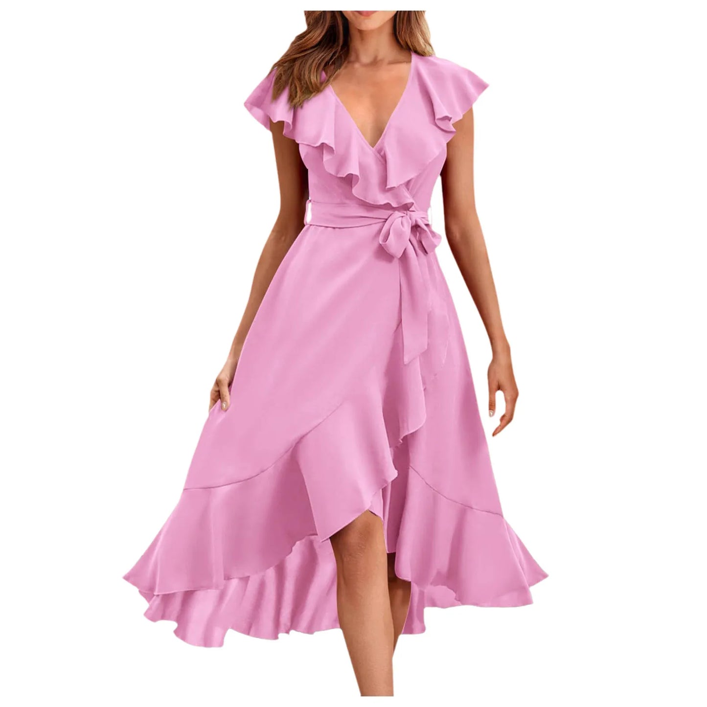 Women's Boho Dress Ruffled Deep V Neck Irregular Long Dress Belted Short Sleeve Wrapped Double Layer Casual Beach Sundress - The Clothing Company Sydney
