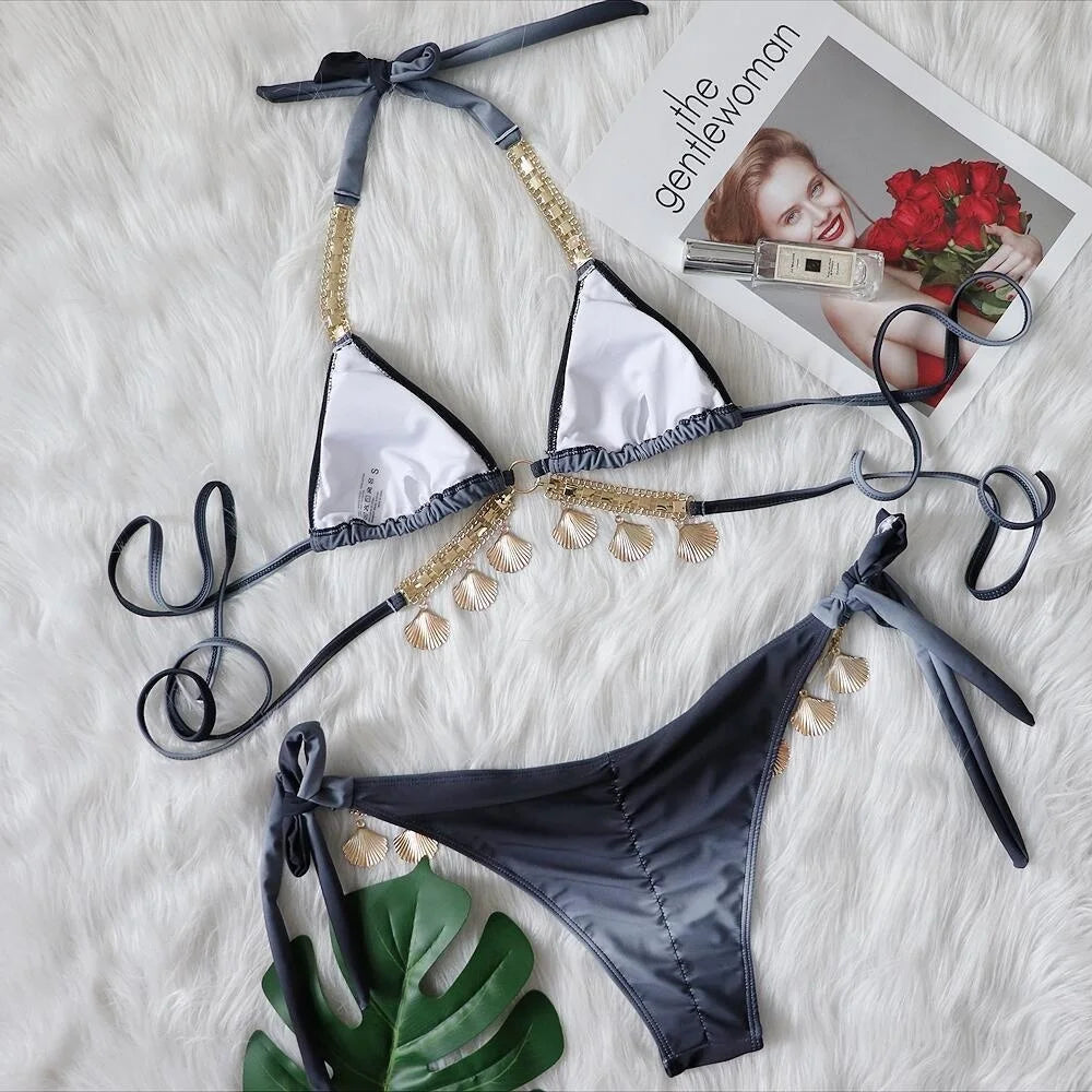 Rhinestone Two 2 Piece Swimsuit Crystal Thong String Bikini Set Women Swimwear Beach Wear Bathing Suit - The Clothing Company Sydney