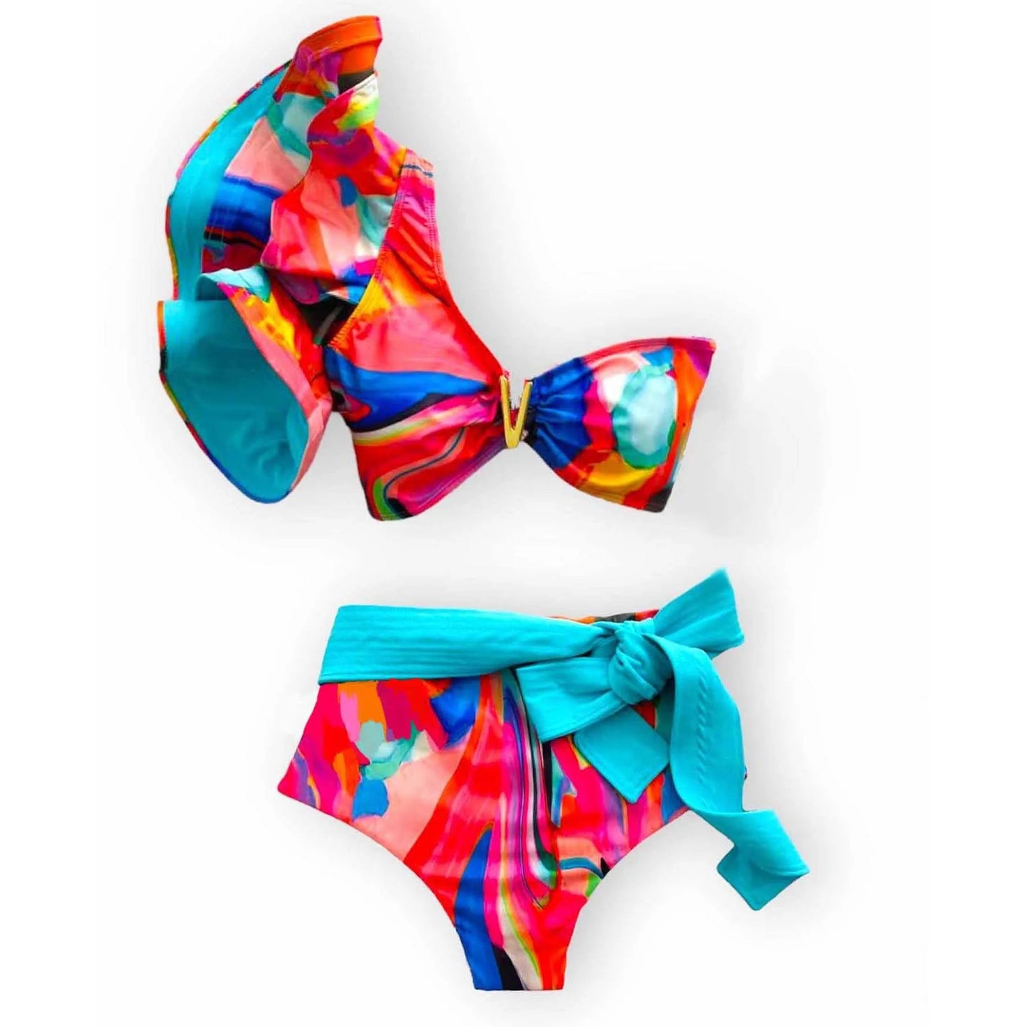 V-Neck High Waist Bikini Sets Shoulder Ruffled Printed Swimsuit Two Piece Swimwear Bathing Suits The Clothing Company Sydney