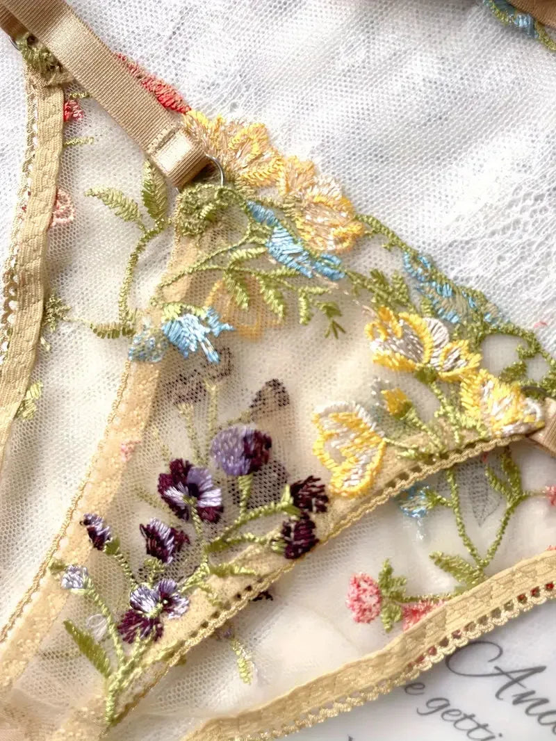 Yimunancy Floral Embroidery Lingerie Set Women Sheer 2-Piece Boho Bra + Panty Underwear Set Intimates The Clothing Company Sydney
