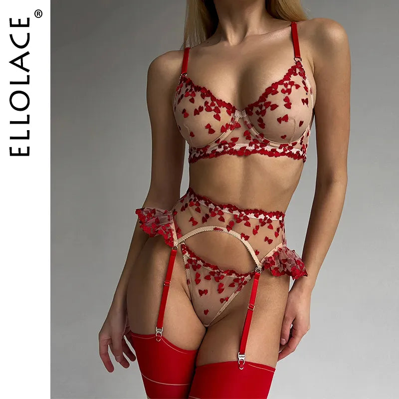 4 Piece Lingerie Sheer Lace Embroidery Underwear Ruffle Intimate Outfits Lingerie Set - The Clothing Company Sydney