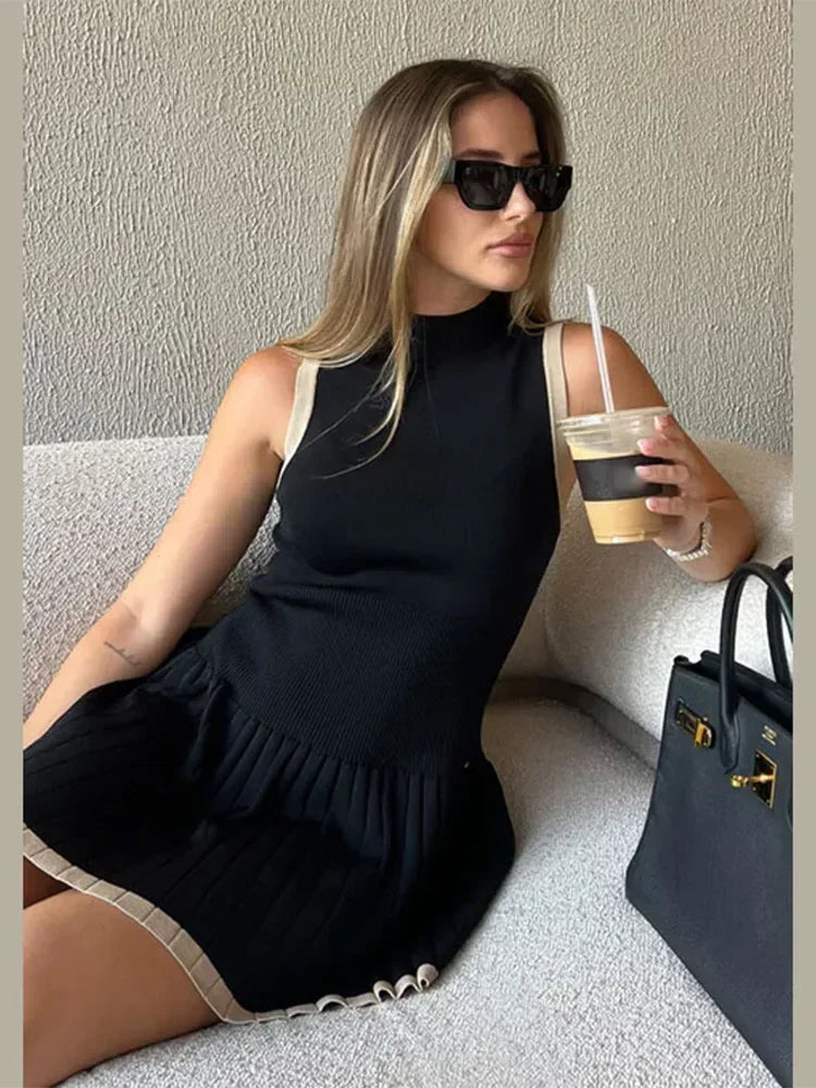 Women's Knitted O-neck Mini Dress Elegant Sleeveless High Waist Pleated Dresses - The Clothing Company Sydney