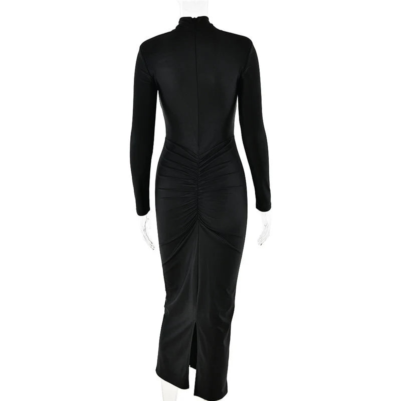 Hollow Out Long Sleeve Maxi Dress Gown Autumn Winter New Metal Buckle Ruched Slit Long Elegant Dress The Clothing Company Sydney