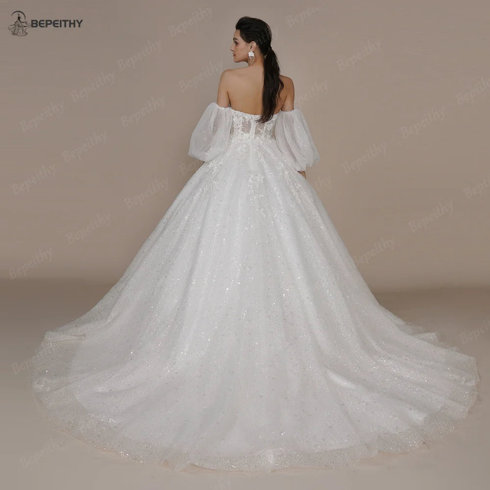Princess Strapless Ivory Glitter Wedding Dresses Court Train Bride 3D Flower Romantic Shinny Bridal Gown The Clothing Company Sydney