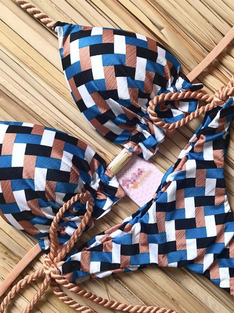 2 Piece Striped Bikini Set Knotted Swimsuit Women Biquinis Beach SThong Swimwear Bandage Brazilian Mirco Bikini Set The Clothing Company Sydney