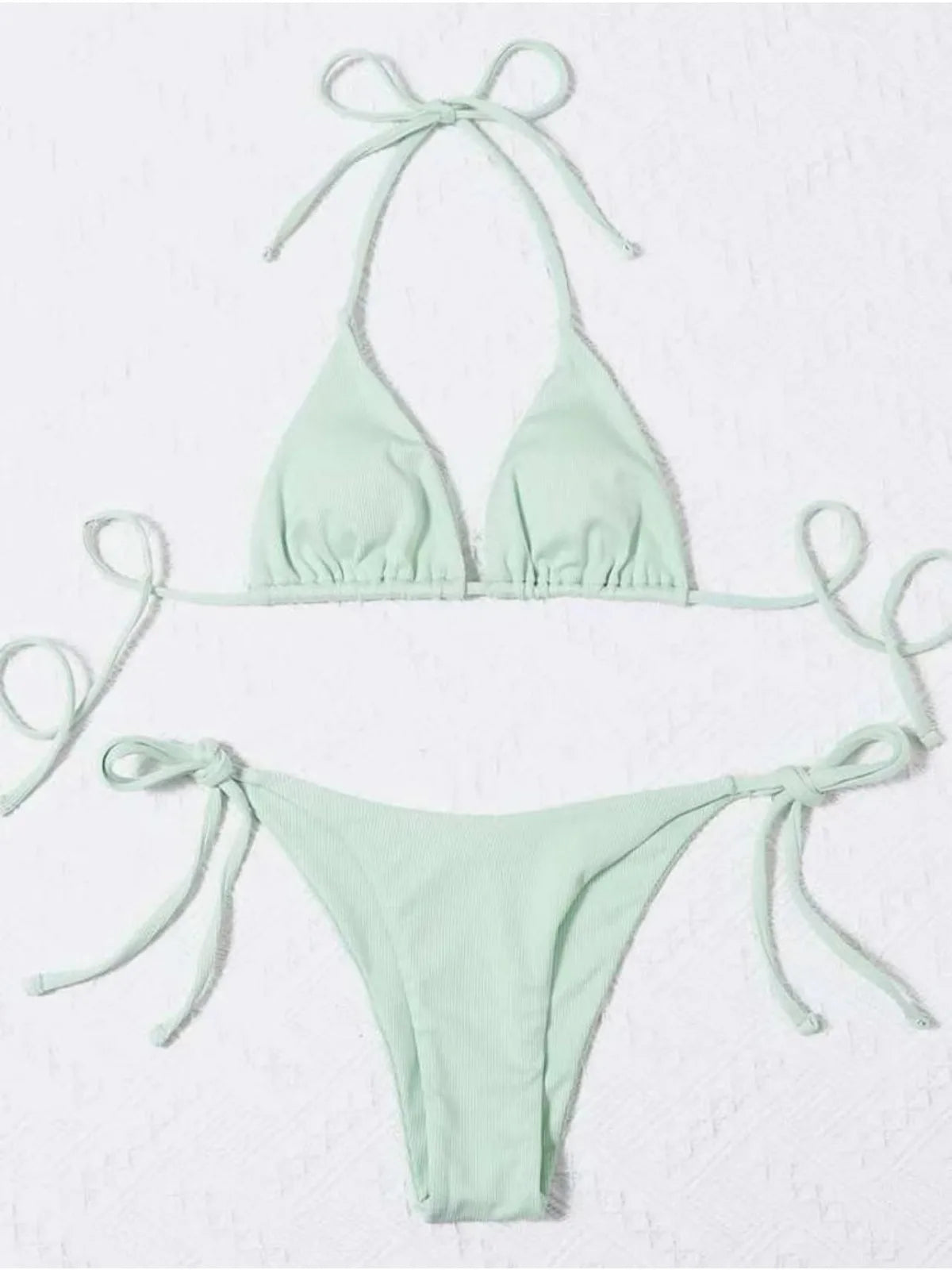 2 Piece Bathing Suit Ribbed Backless Pads Women Bikini Set Halter Triangle Bra Side Tie Thong Swimwear Set - The Clothing Company Sydney