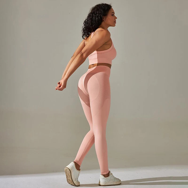 Cross Back Strap Yoga Set Women High Waist Leggings Running Workout Suits Sportswear Seamless Fitness Clothes Tracksuit Set - The Clothing Company Sydney