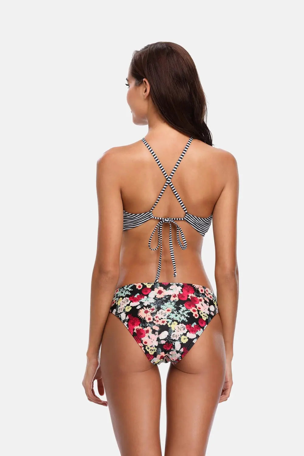 Women's Striped Bikini Set High Neck Swimsuit Vintage Floral Swimwear Strappy Bathing Suit Padded Beachwear - The Clothing Company Sydney