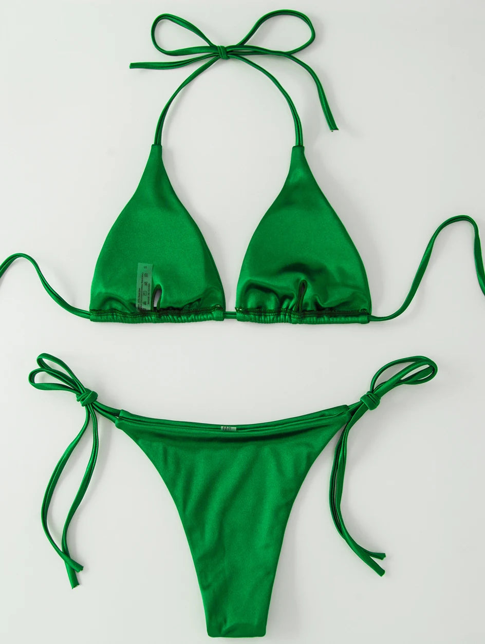 Metallic Halter Triangle Swimsuit Women Swimwear Bathing Suits Brazilian Thong Micro Bikinis Set Beach Wear - The Clothing Company Sydney