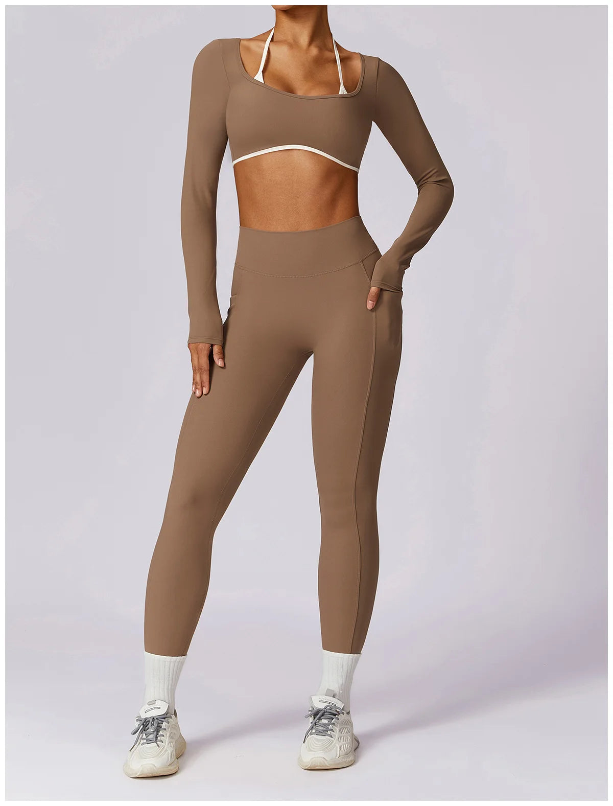 2 Piece Womens Tracksuit Yoga Set Workout Sportswear Gym Clothing Fitness Long Sleeve Crop Top High Waist Leggings Sports Suits - The Clothing Company Sydney