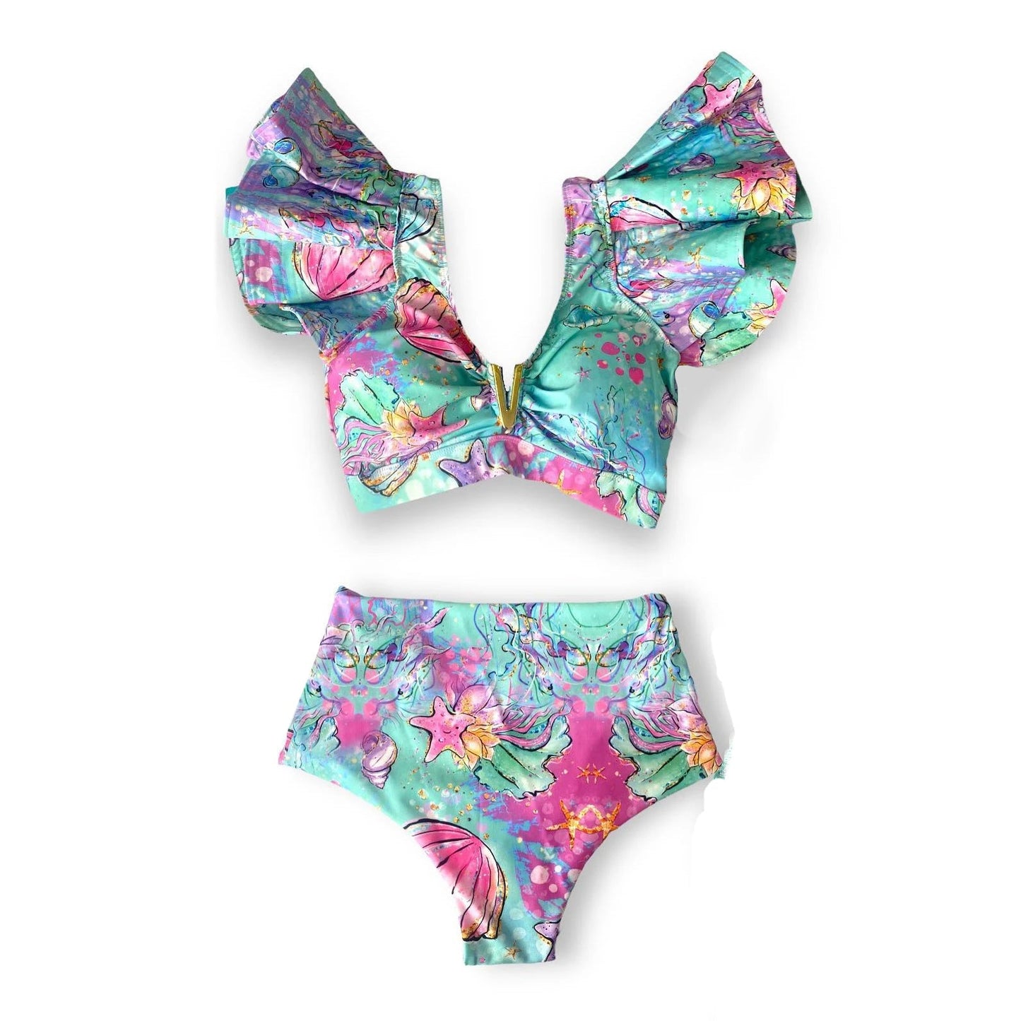 V-Neck High Waist Bikini Sets Shoulder Ruffled Printed Swimsuit Two Piece Swimwear Bathing Suits The Clothing Company Sydney
