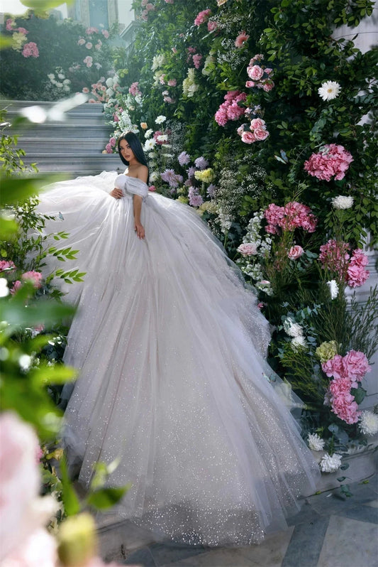 Shiny Wedding Dresses Women's Bohemian Off Shoulder Tulle Fluffy Pleated Princess Bridal Gowns - The Clothing Company Sydney