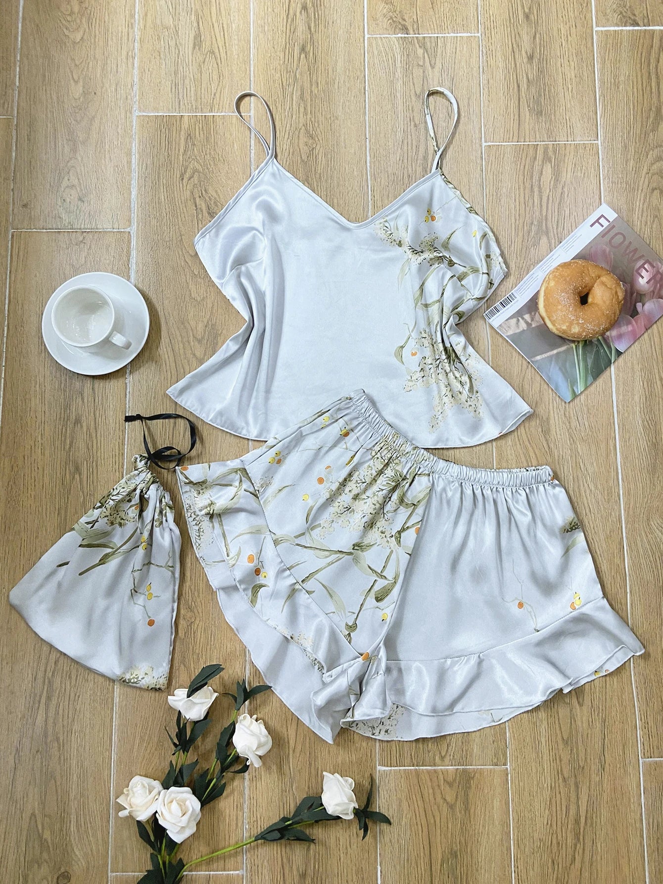 Women's Floral Cami Pyjama Set with Matching Bag – Ruffle Hem Shorts Sleepwear - The Clothing Company Sydney