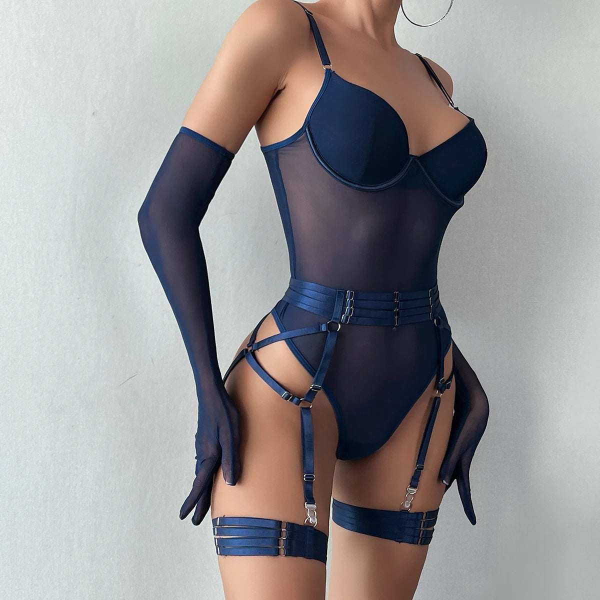 Tight Fitting Lace Bodysuit With Gloves Garter Night Club Outfit Mesh Top Lingerie Set - The Clothing Company Sydney