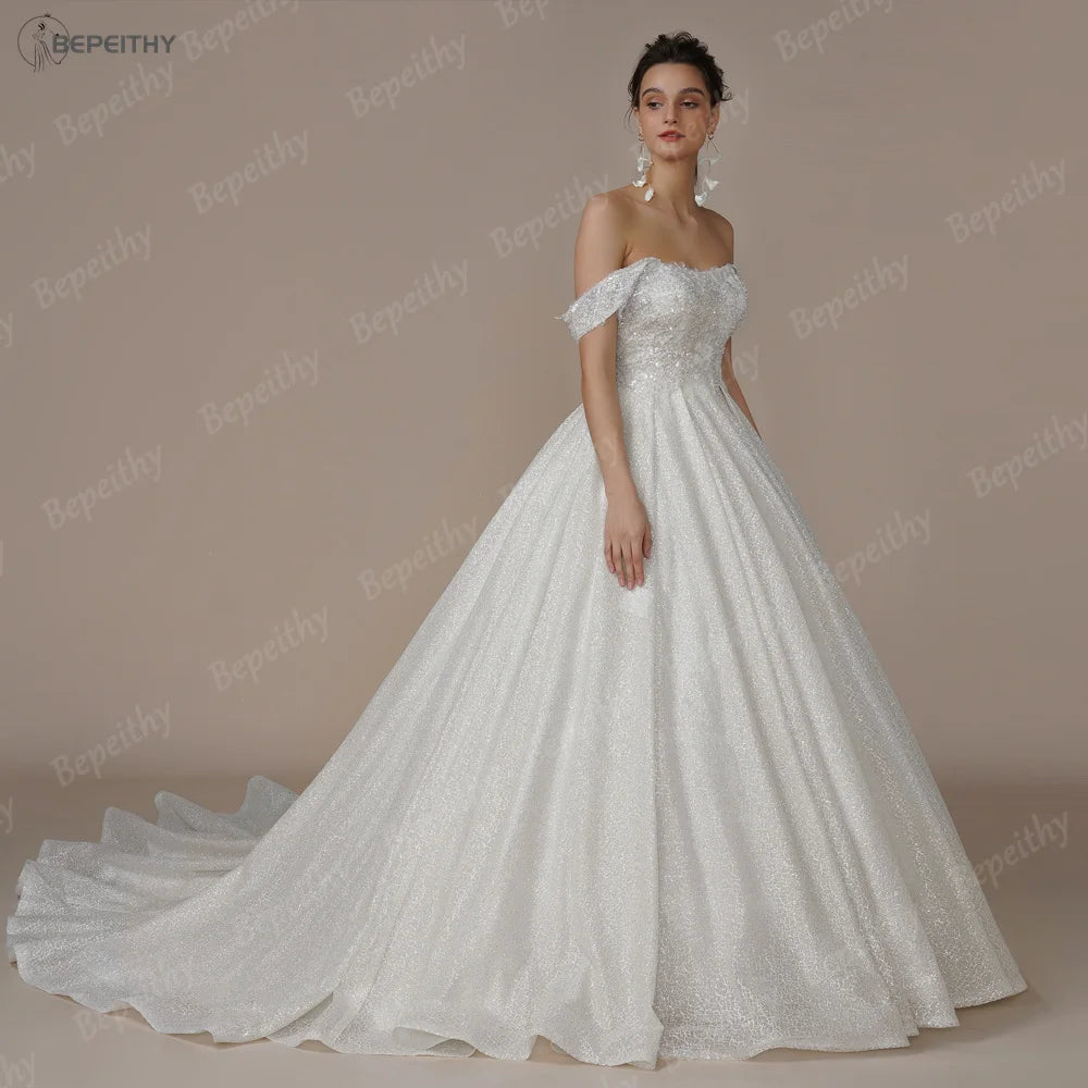 Customized Luxury Strapless A Line Glitter Wedding Dresses Off The Shoulder Women Ivory Bling-Bling Bride Bridal Gown The Clothing Company Sydney