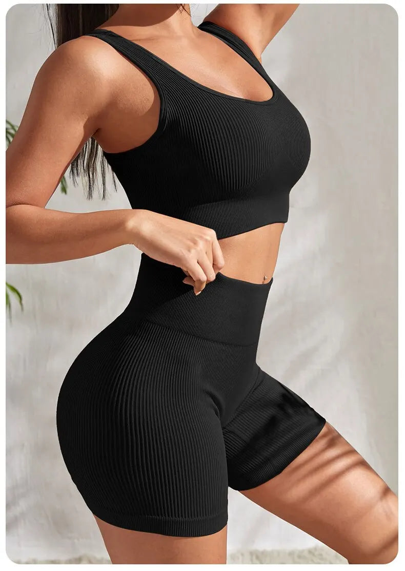 2 Piece Seamless Ribbed Yoga Sets Workout Sets Gym Suits Ribbed Crop Tank High Waist Shorts Outfits Fitness Running Matching Outfit The Clothing Company Sydney