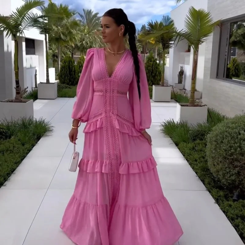 Women V-neck Lantern Long Sleeves Maxi Dress Elegant Patchwork Ruffles Hollow Lace Slim  Summer Dress - The Clothing Company Sydney