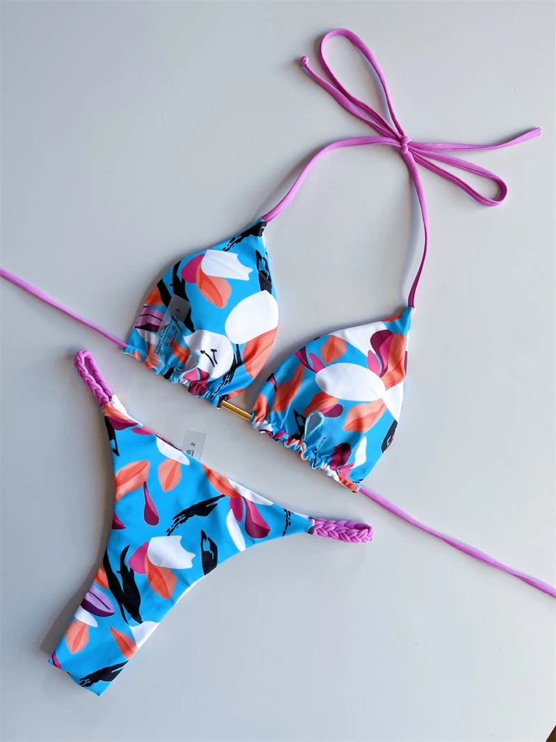 Women's Bikini Roped Swimsuit Set Split European And American Printed Beach Swimwear - The Clothing Company Sydney