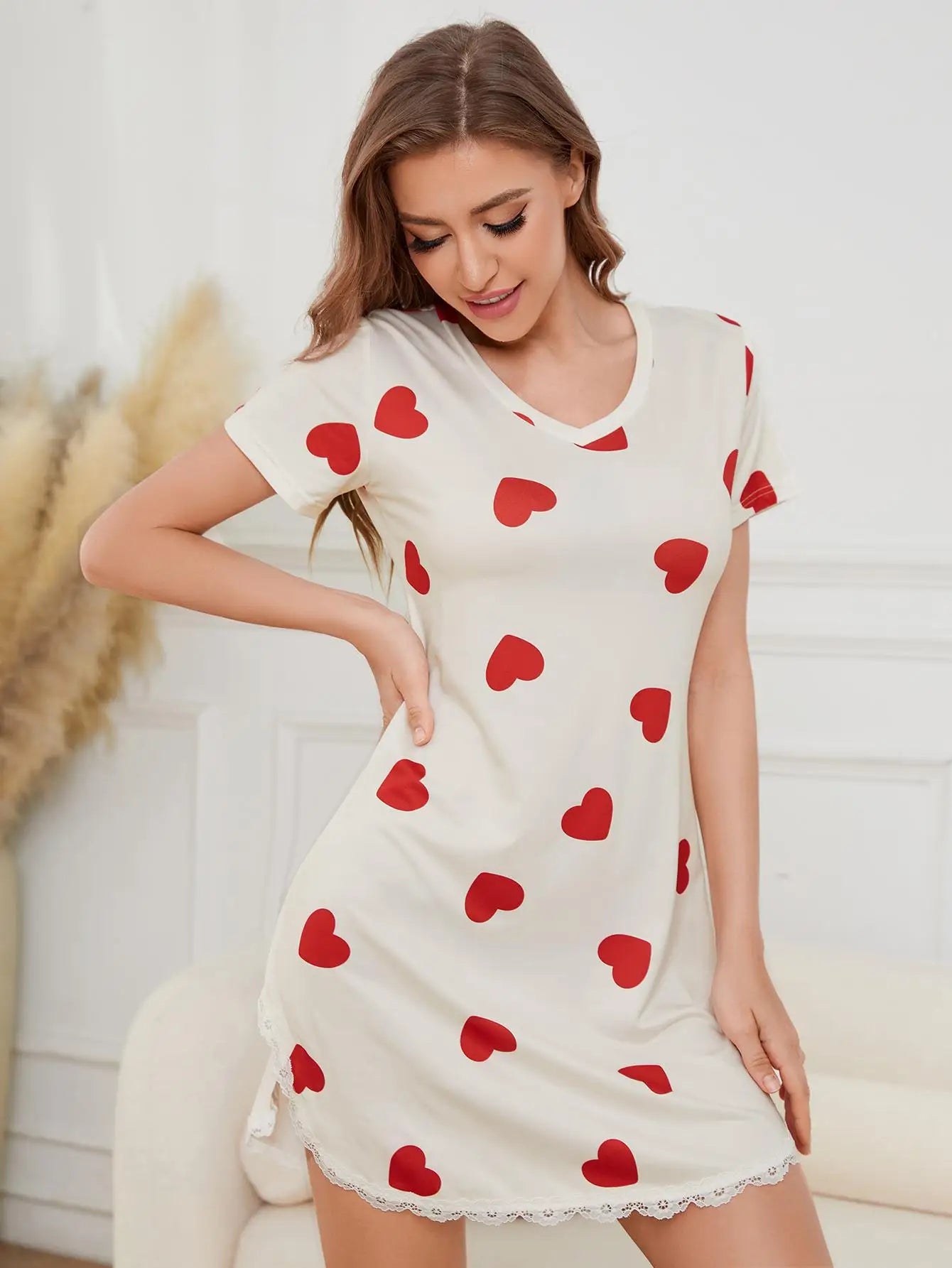 Summer Sleepwear Women Lace Hem Nightdress V-neck Short Sleeve Pajamas Nighties Nightgown Nightwear Side Split Skirt - The Clothing Company Sydney