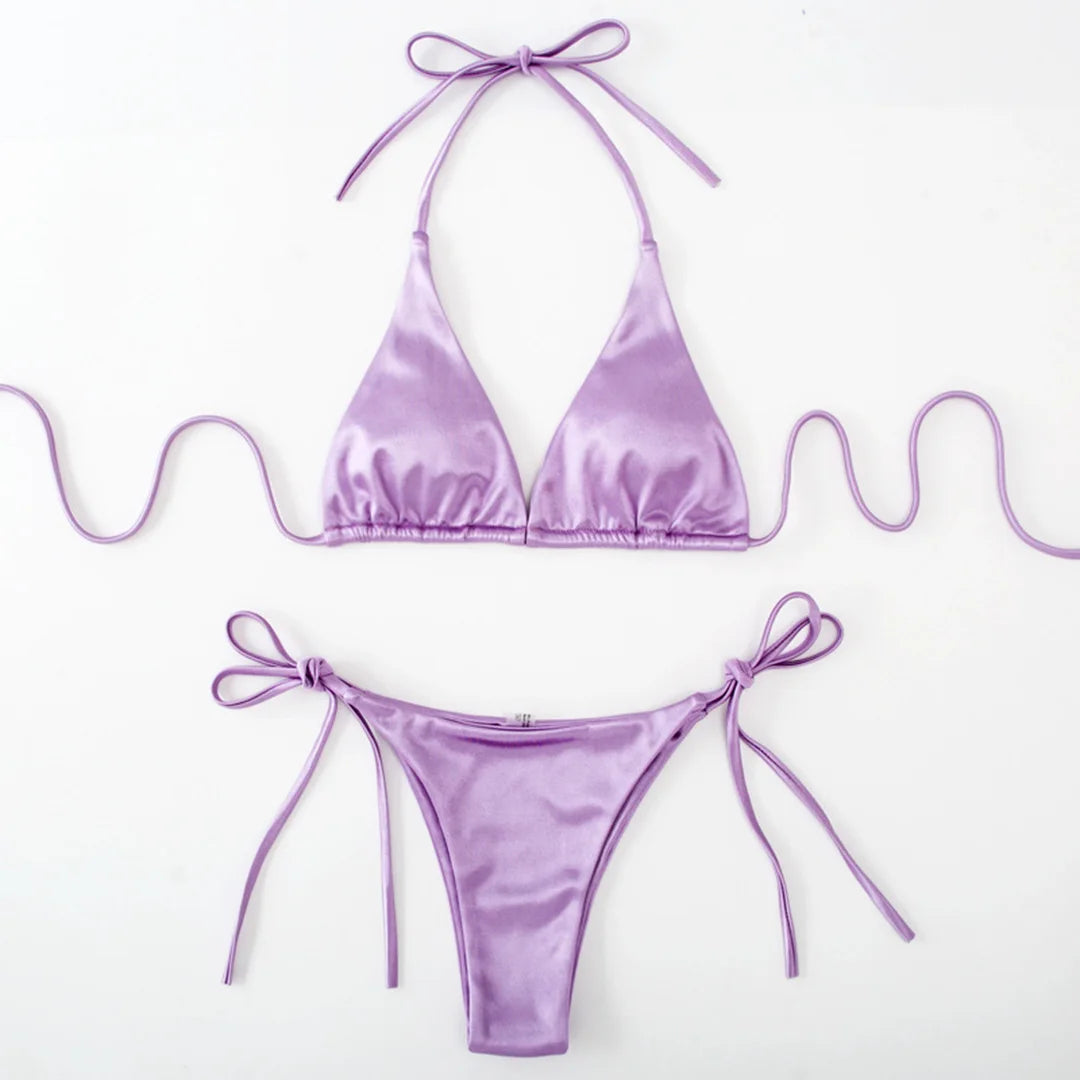 Halter Satin Brazilian Bikini Women Swimwear Female Swimsuit Two-piece Bikini set Bather Bathing Suit The Clothing Company Sydney