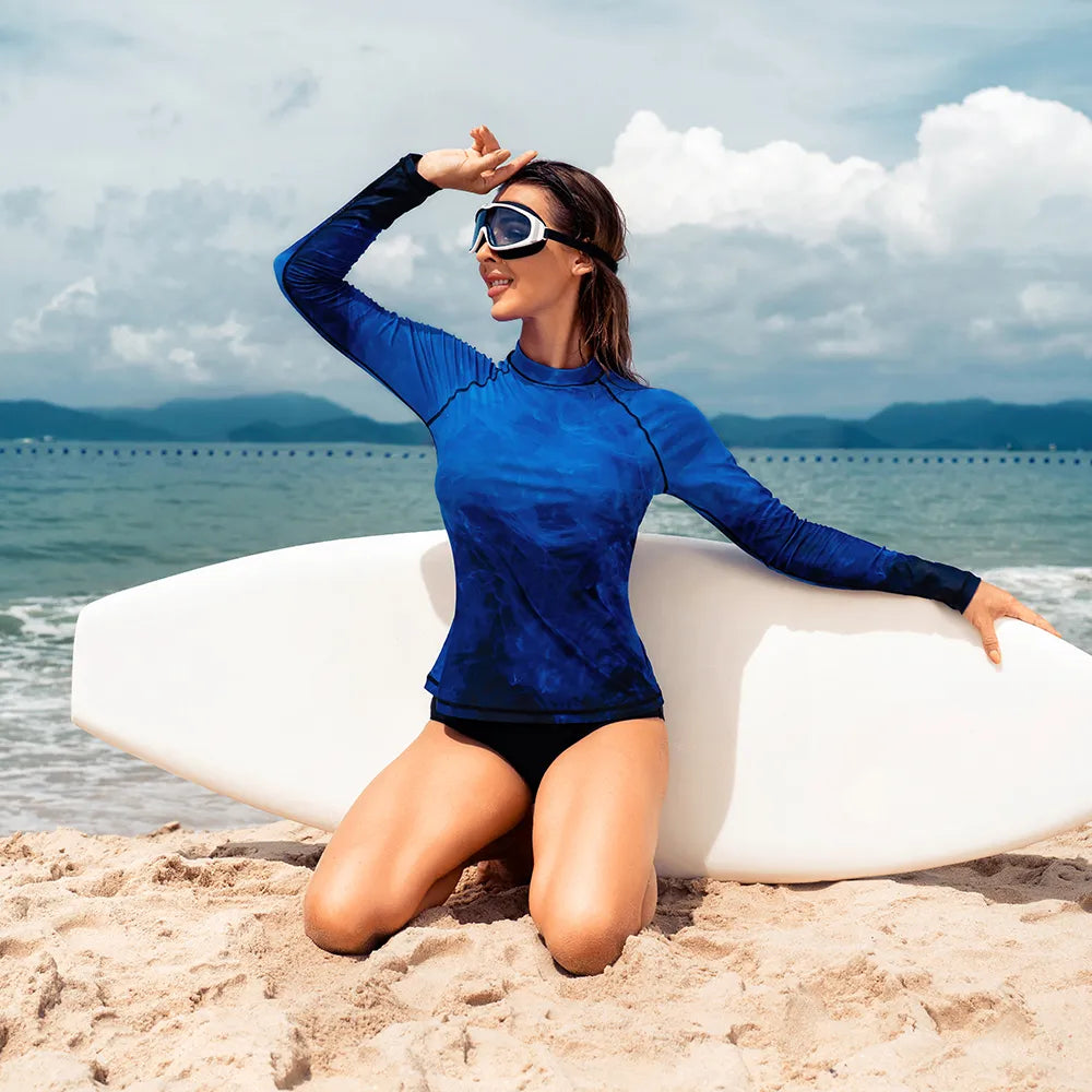Women's Long Sleeve Rash Guard Top Crew Neck Gradient Color Block Swim Shirt Top UV Protection Swimwear - The Clothing Company Sydney