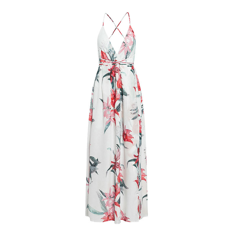 Backless boho floral print long dress Women Deep v neck chiffon sexy summer dress Autumn maxi dress The Clothing Company Sydney