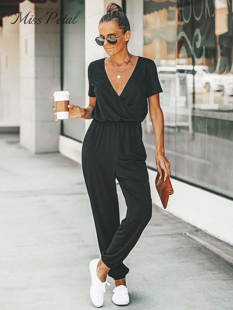 V-neck Short Sleeve Casual Long Jogger Pants Playsuit Summer Overalls Bodysuits Romper Jumpsuit The Clothing Company Sydney
