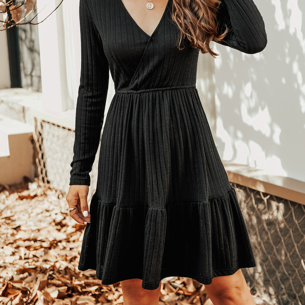 Ribbed A-Line Mini Dress For Woman Grey V-neck Long Sleeve Party Dress Spring Autumn Sundress The Clothing Company Sydney