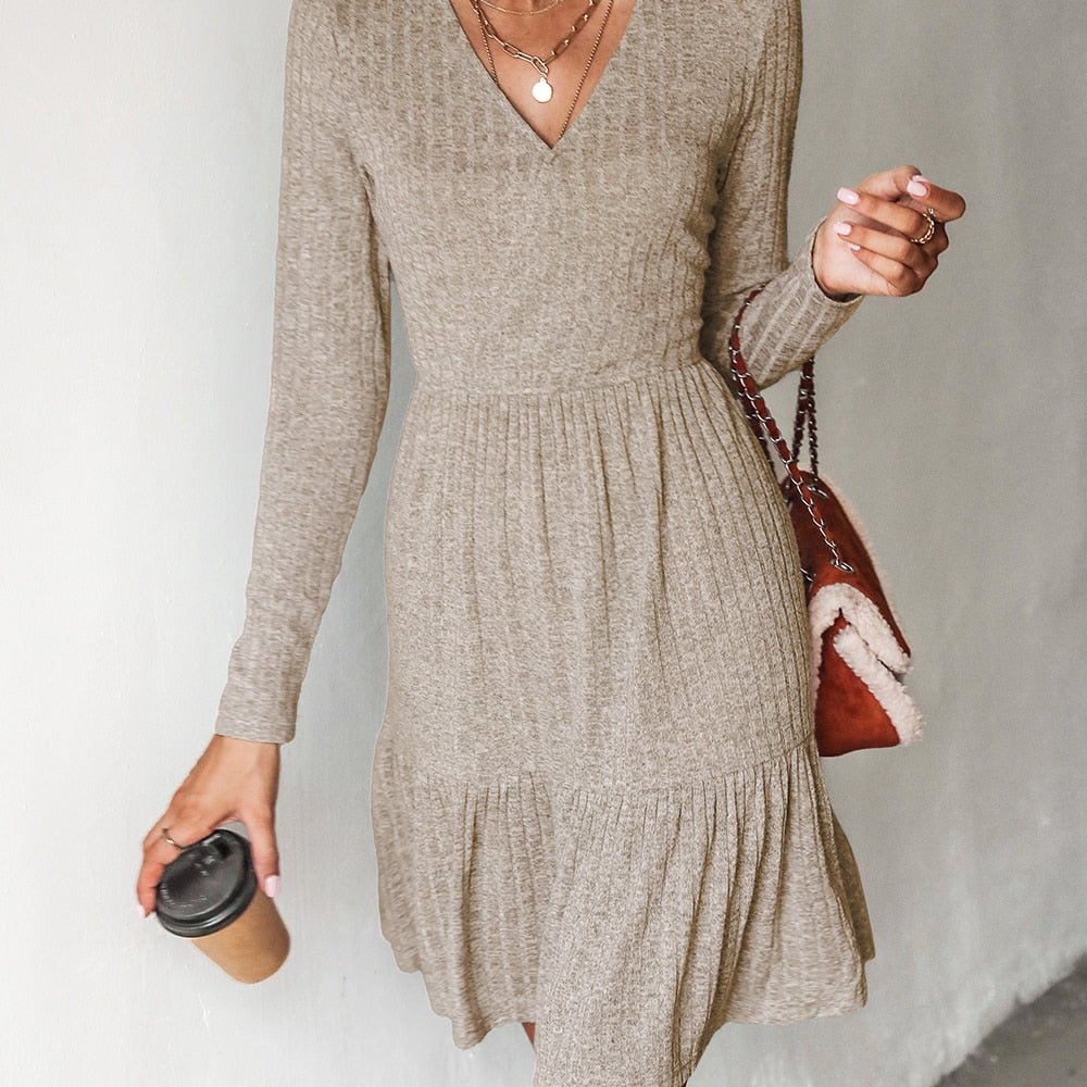 Ribbed A-Line Mini Dress For Woman Grey V-neck Long Sleeve Party Dress Spring Autumn Sundress The Clothing Company Sydney