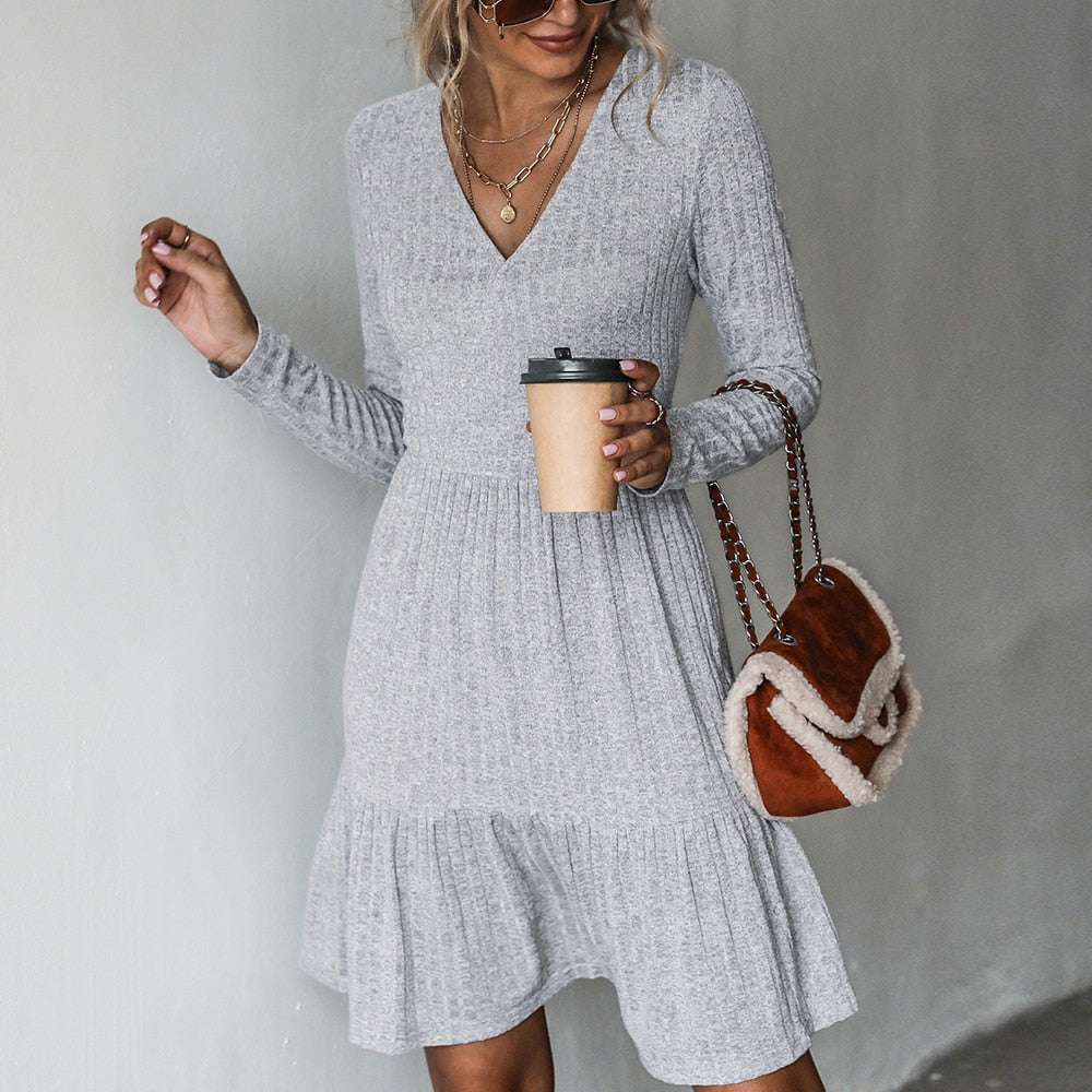 Ribbed A-Line Mini Dress For Woman Grey V-neck Long Sleeve Party Dress Spring Autumn Sundress The Clothing Company Sydney