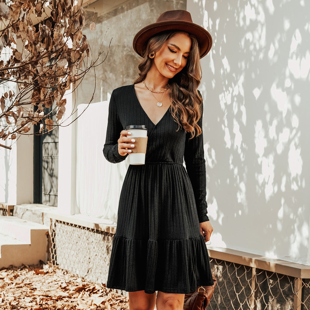 Ribbed A-Line Mini Dress For Woman Grey V-neck Long Sleeve Party Dress Spring Autumn Sundress The Clothing Company Sydney