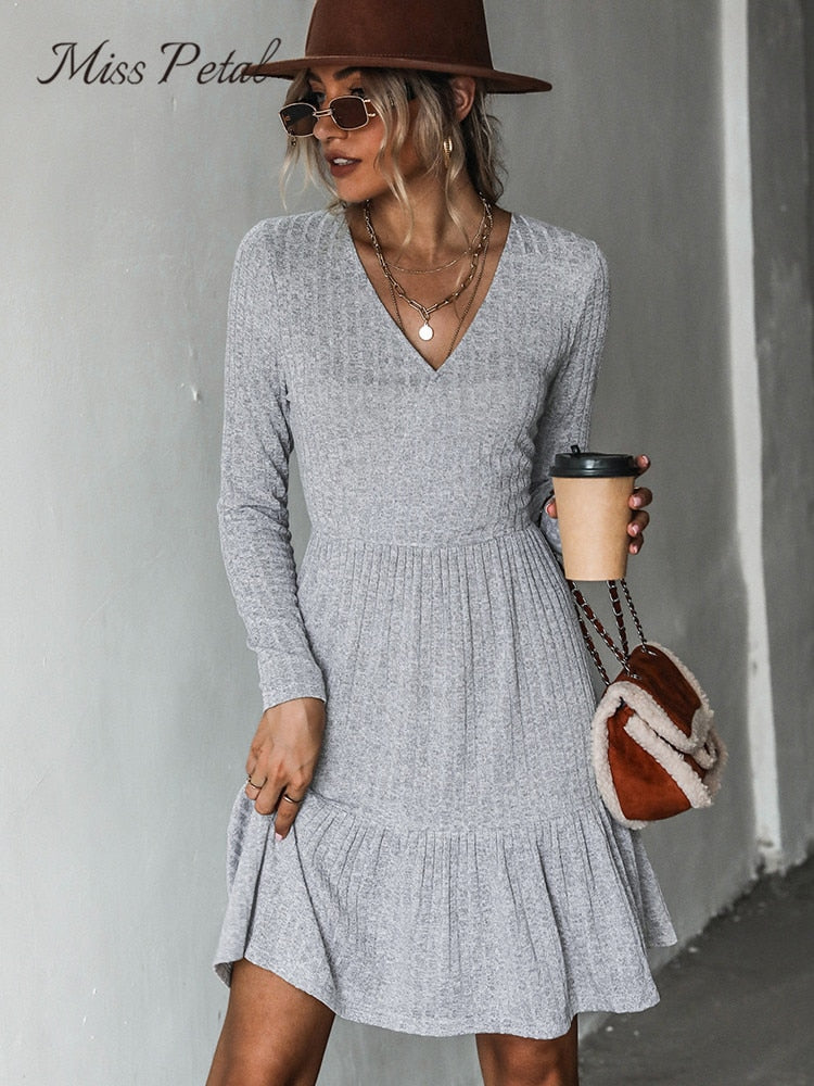 Ribbed A-Line Mini Dress For Woman Grey V-neck Long Sleeve Party Dress Spring Autumn Sundress The Clothing Company Sydney