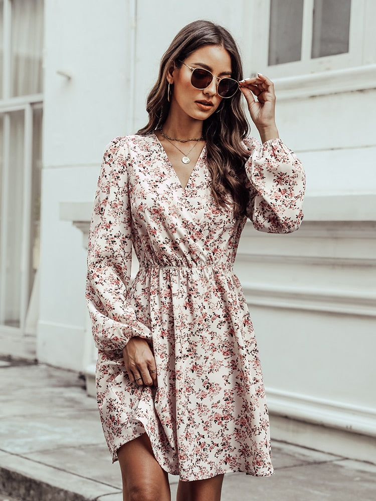 Plunge Neck A-Line Mini Dress Ditsy Floral Sexy Long Sleeve Party Dress Spring Autumn Sundress The Clothing Company Sydney