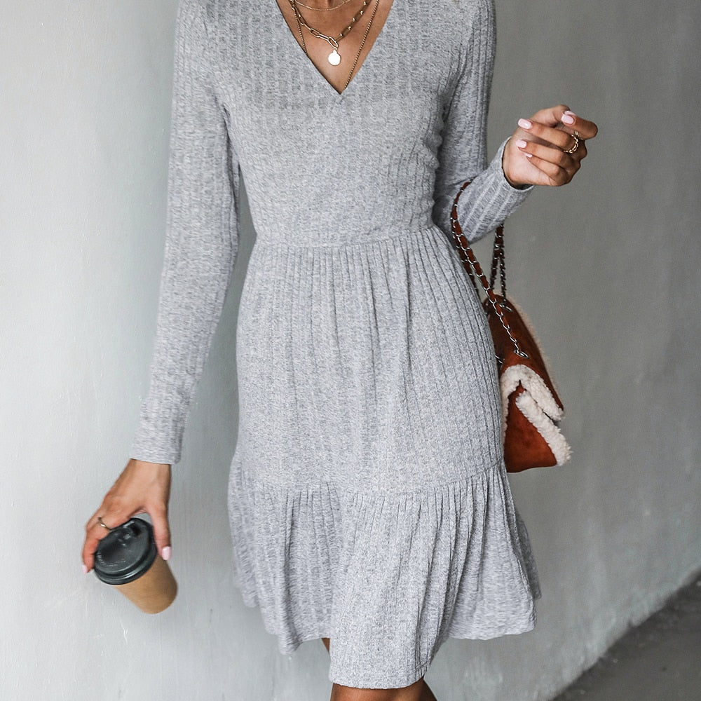 Ribbed A-Line Mini Dress For Woman Grey V-neck Long Sleeve Party Dress Spring Autumn Sundress The Clothing Company Sydney