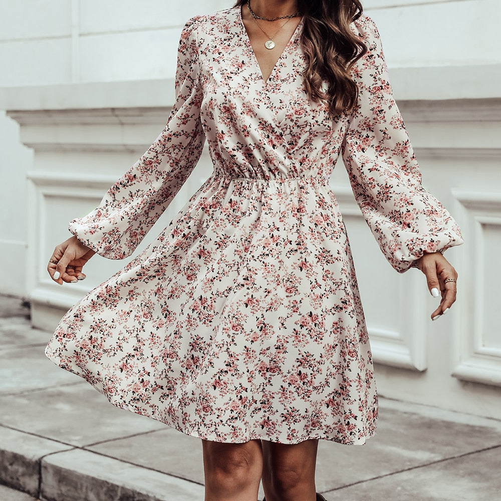 Plunge Neck A-Line Mini Dress Ditsy Floral Sexy Long Sleeve Party Dress Spring Autumn Sundress The Clothing Company Sydney