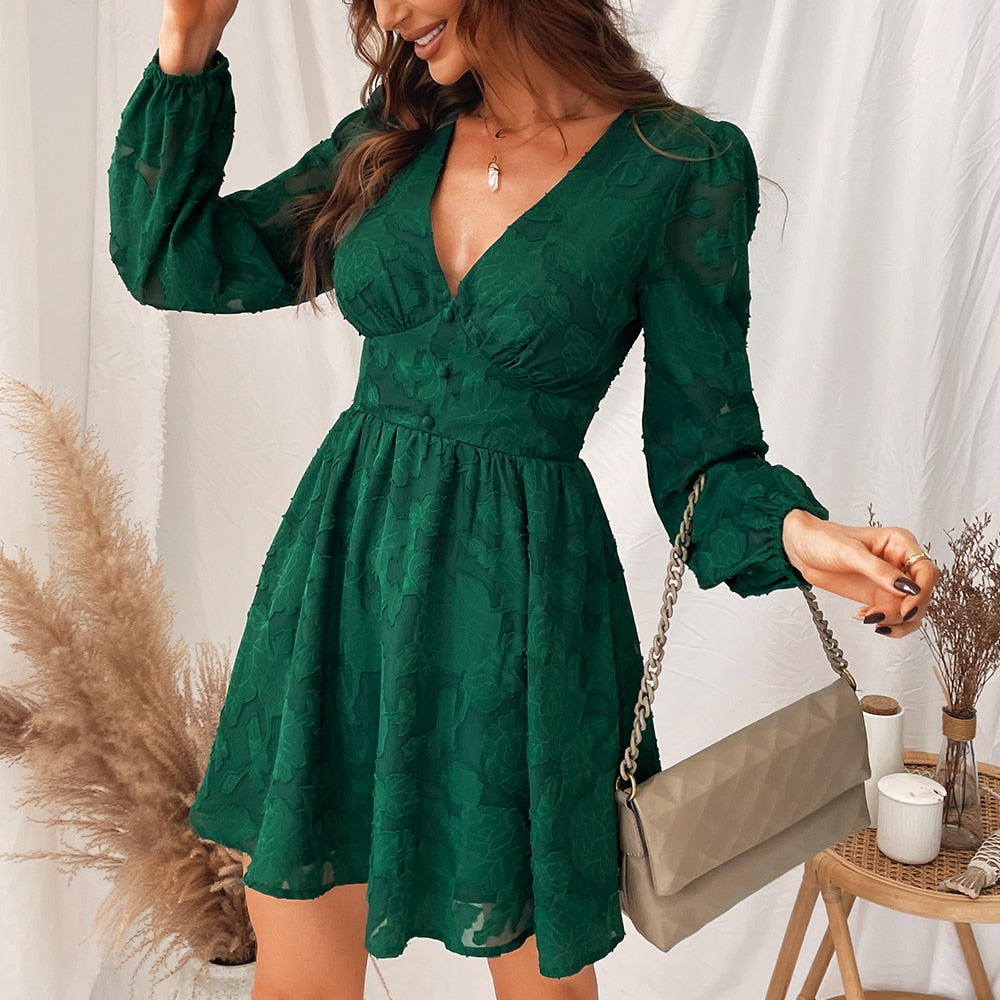 Plunge A-Line Mini Green Long Sleeve Party Spring Autumn Sundress Dress The Clothing Company Sydney