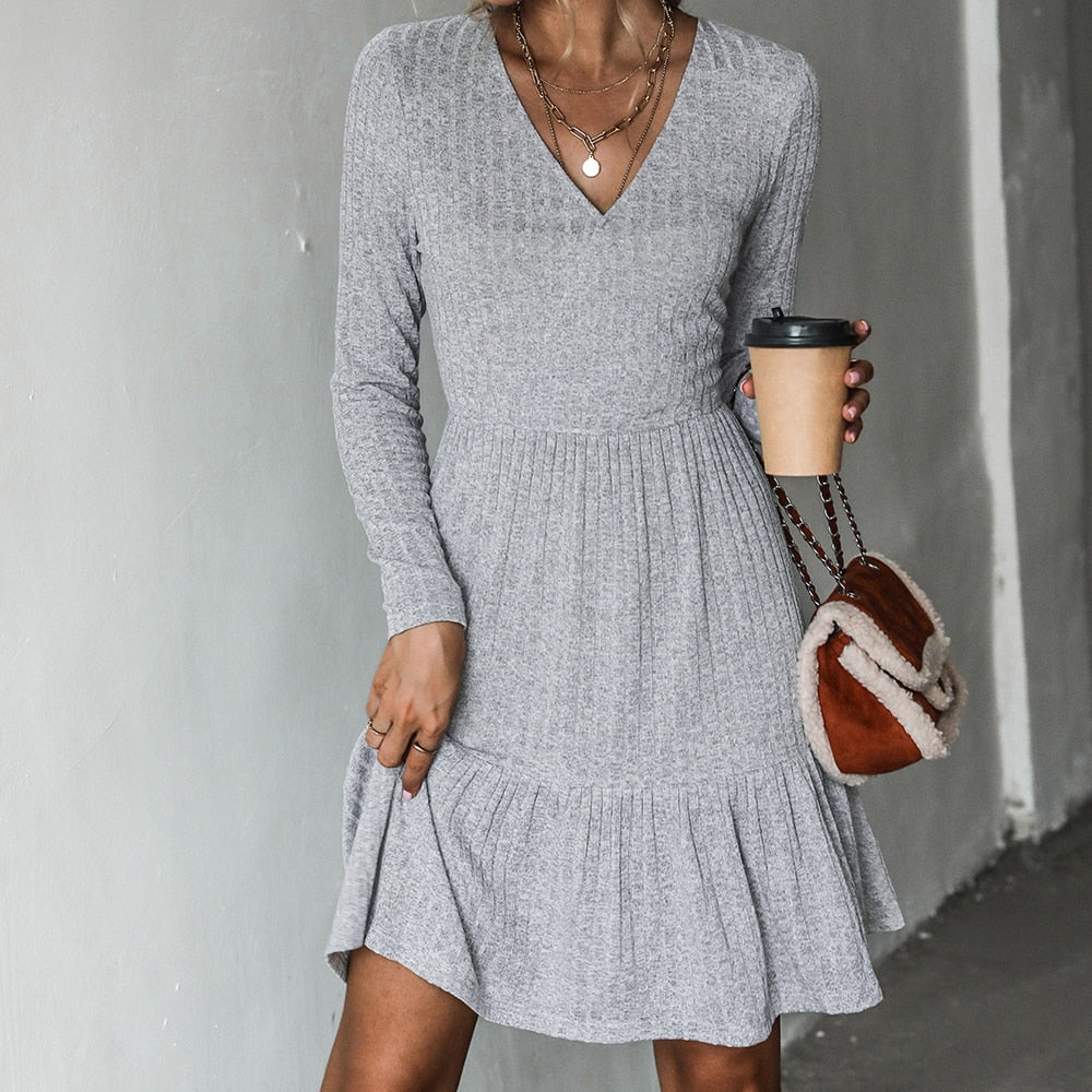 Ribbed A-Line Mini Dress For Woman Grey V-neck Long Sleeve Party Dress Spring Autumn Sundress The Clothing Company Sydney