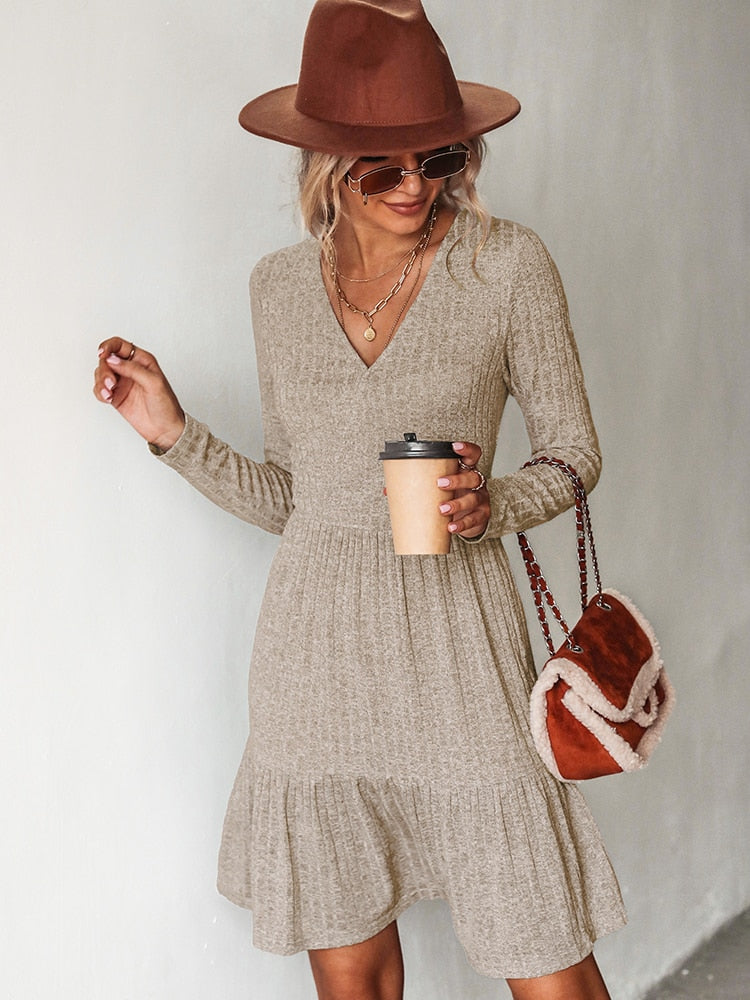 Ribbed A-Line Mini Dress For Woman Grey V-neck Long Sleeve Party Dress Spring Autumn Sundress The Clothing Company Sydney