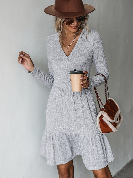 Ribbed A-Line Mini Dress For Woman Grey V-neck Long Sleeve Party Dress Spring Autumn Sundress The Clothing Company Sydney