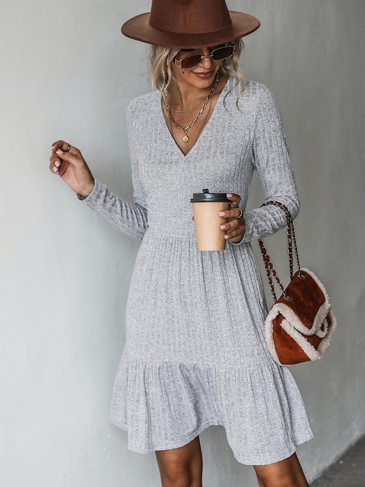 Ribbed A-Line Mini Dress For Woman Grey V-neck Long Sleeve Party Dress Spring Autumn Sundress The Clothing Company Sydney