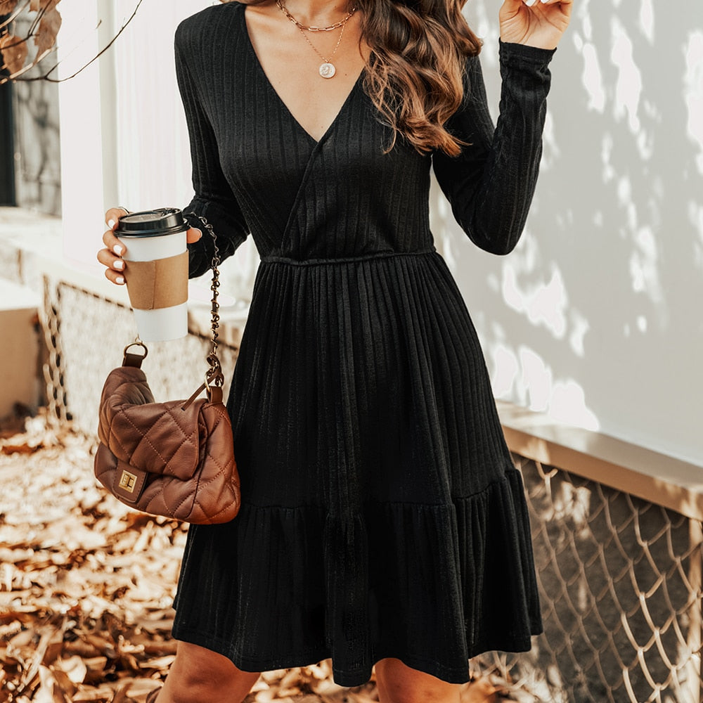 Ribbed A-Line Mini Dress For Woman Grey V-neck Long Sleeve Party Dress Spring Autumn Sundress The Clothing Company Sydney